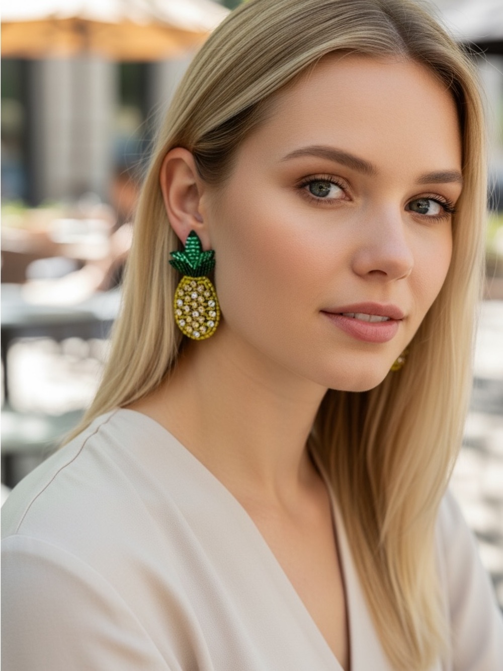 Green & Yellow Pineapple Beaded Drop Earrings